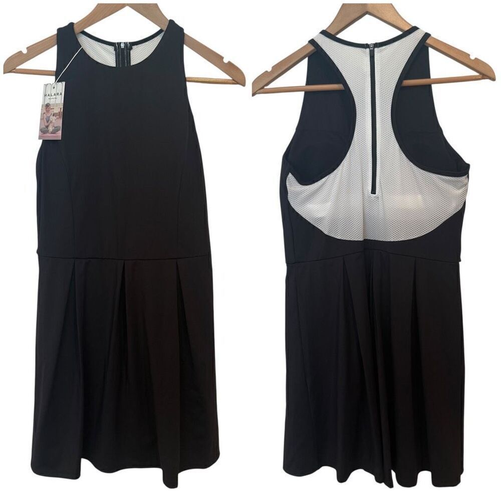 NWT Halara Black and White Racerback Pleated Mini Dress With Shorts Size L